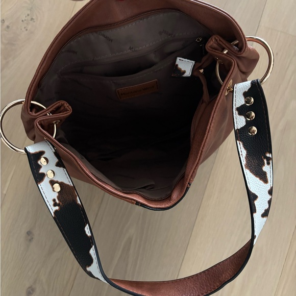 Brown Leather Tote Bag with Cow Print Accent - Picture 3 of 4